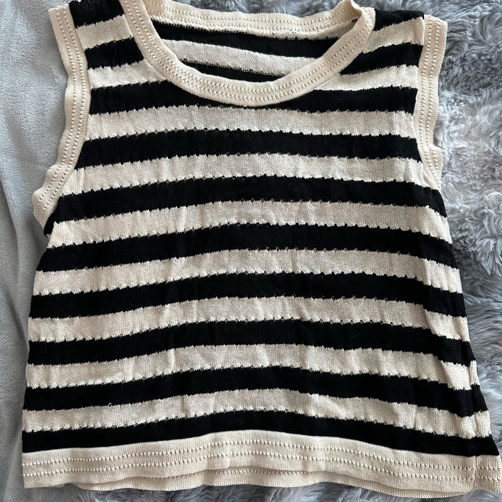 Striped Black and Cream Knit Sleeveless Tank Top Vest